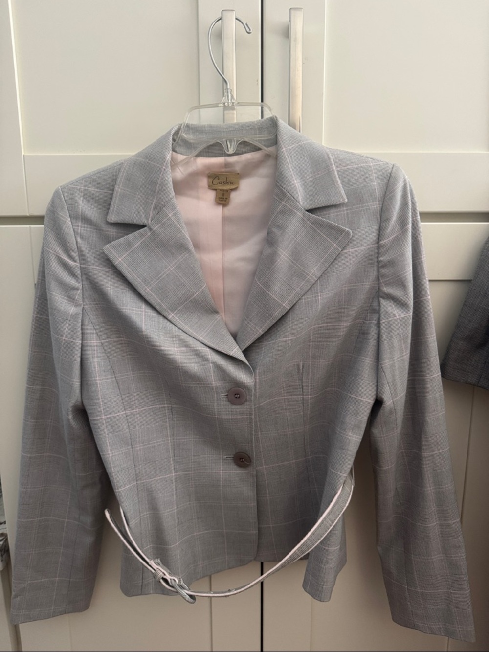 Caslon Light Gray Plaid Cropped Blazer with Pink Windowpane